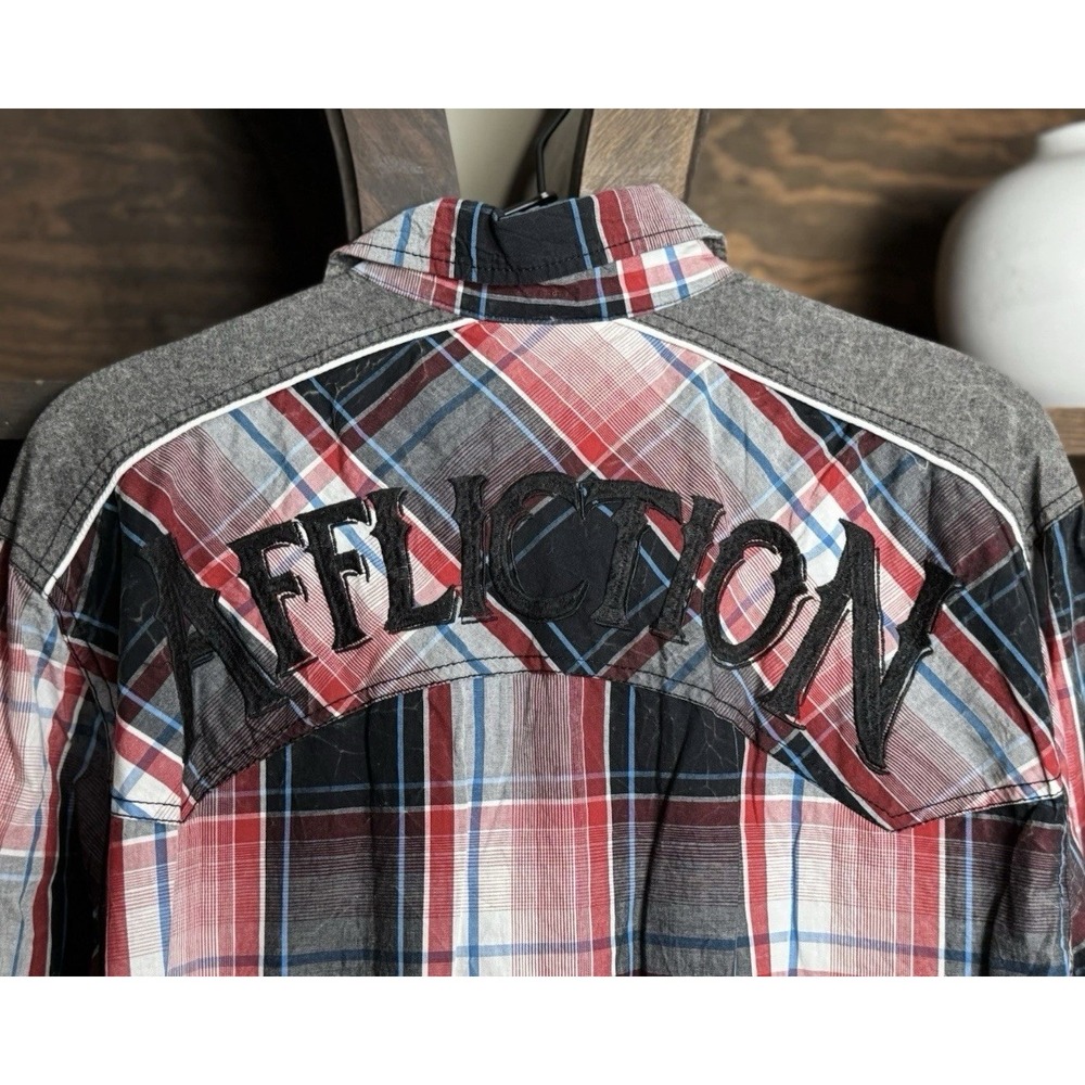 Affliction Black Premium Men's L Western Red Plaid Pearl Snap Shirt Embroidered - Picture 4 of 8